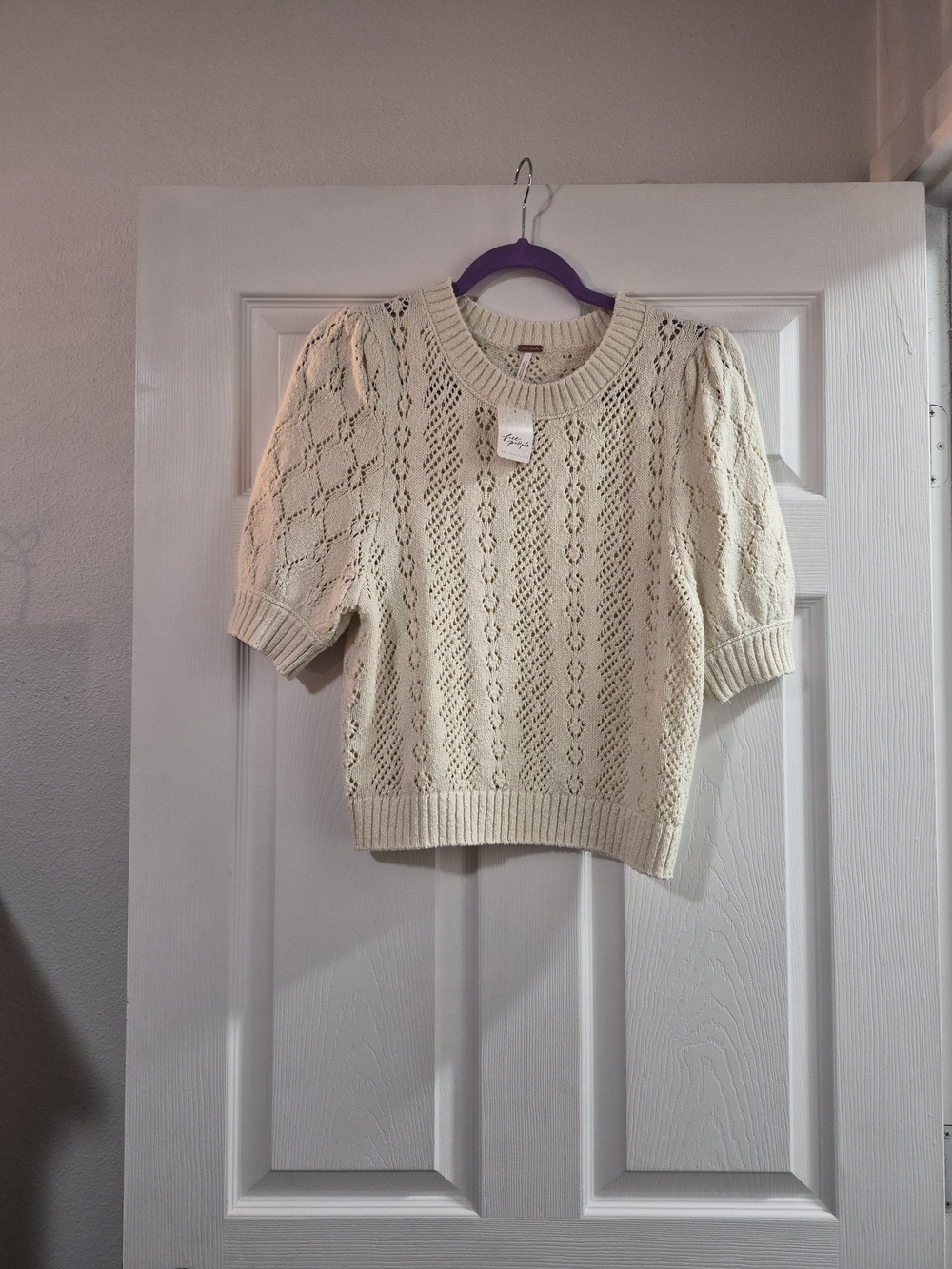 Cream Open-Knit Short Sleeve Sweater
